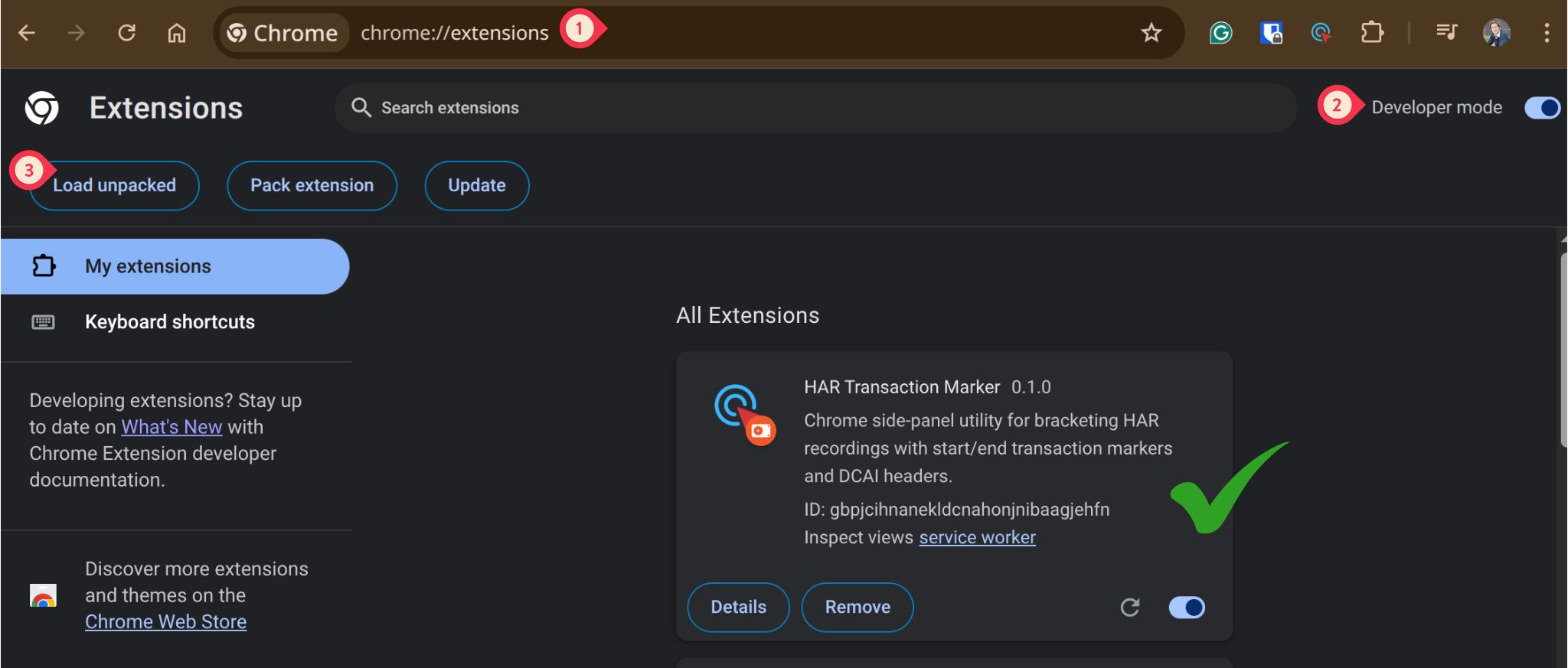 Chrome Extensions page showing HAR Transaction Marker extension